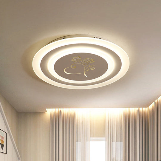Modernist Acrylic Circle Flush Led Ceiling Light With Rose Pattern - White Mounted