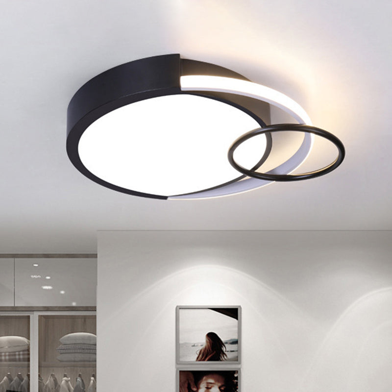 Modern Drum And Ring Metal Flush Mount Ceiling Light Fixture - 19/23 W Led Black Warm/White