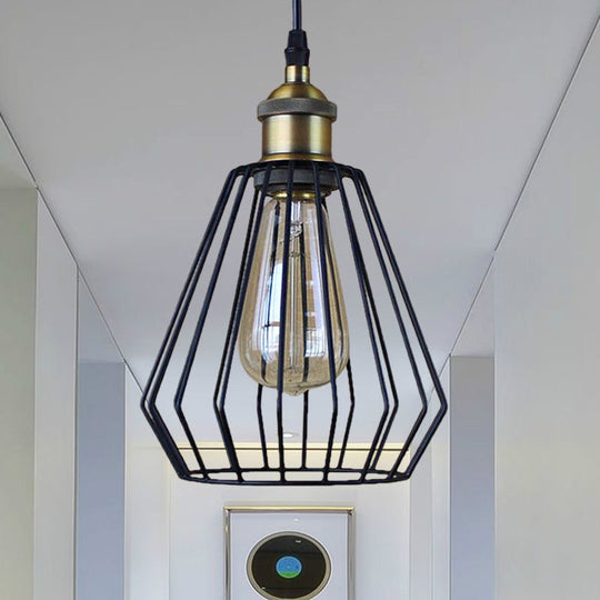 Black/Brass Wire Cage Pendant Lamp - Industrial Style Ceiling Lighting For Dining Table Black / C