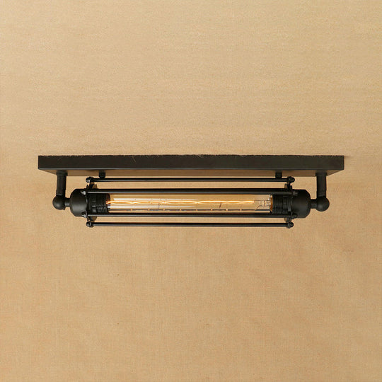 Retro Style 1 - Light Linear Ceiling Mount Fixture With Cage Shade - Black Metallic Flush