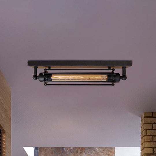 Retro Style 1 - Light Linear Ceiling Mount Fixture With Cage Shade - Black Metallic Flush