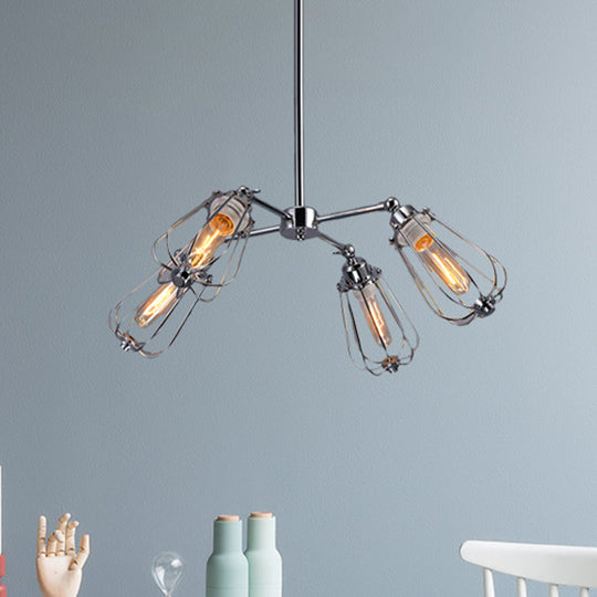 Farmhouse Chandelier Lamp: 4-Head Metal Hanging Light In Chrome/Black Finish Chrome