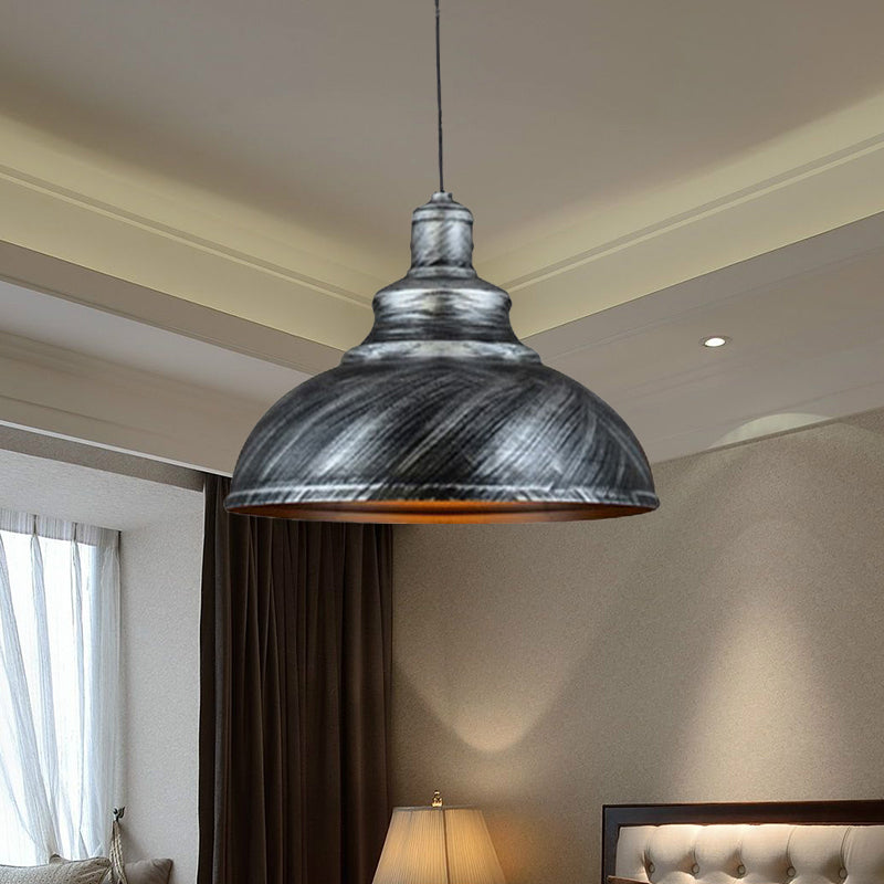 Rustic Metal Bowl Pendant Lamp With Pulley - Silver/Bronze Finish