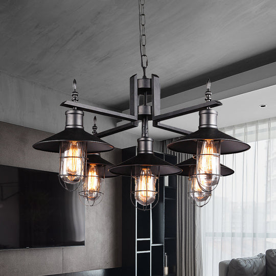 Vintage Wide Flared Pendant Chandelier With 6 Heads And Clear Glass Shade - Black Metal Caged Drop