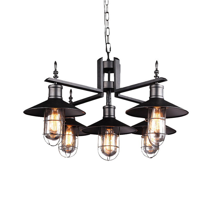 Vintage Wide Flared Pendant Chandelier With 6 Heads And Clear Glass Shade - Black Metal Caged Drop