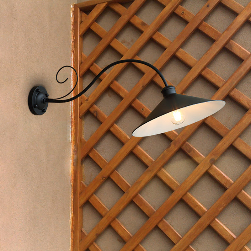 Flared Outdoor Wall Light - Antiqued 1-Light Metal Sconce Lamp With Curved Arm Black/Black & White