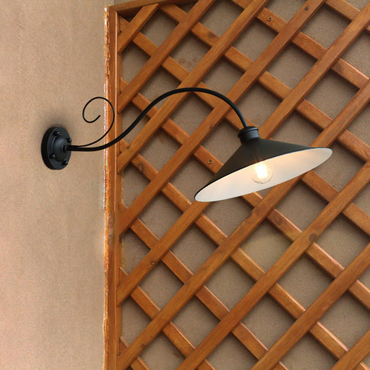 Flared Outdoor Wall Light - Antiqued 1-Light Metal Sconce Lamp With Curved Arm Black/Black & White