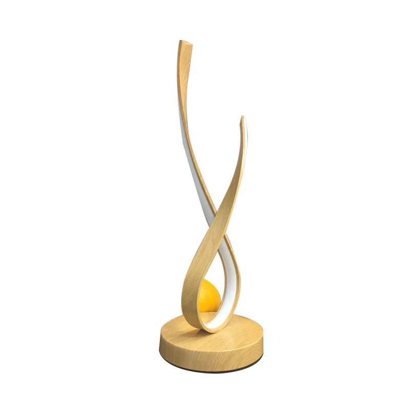 Modern Beige Finish Twisted Desk Lamp With Led Acrylic Nightstand Lighting Wooden Base