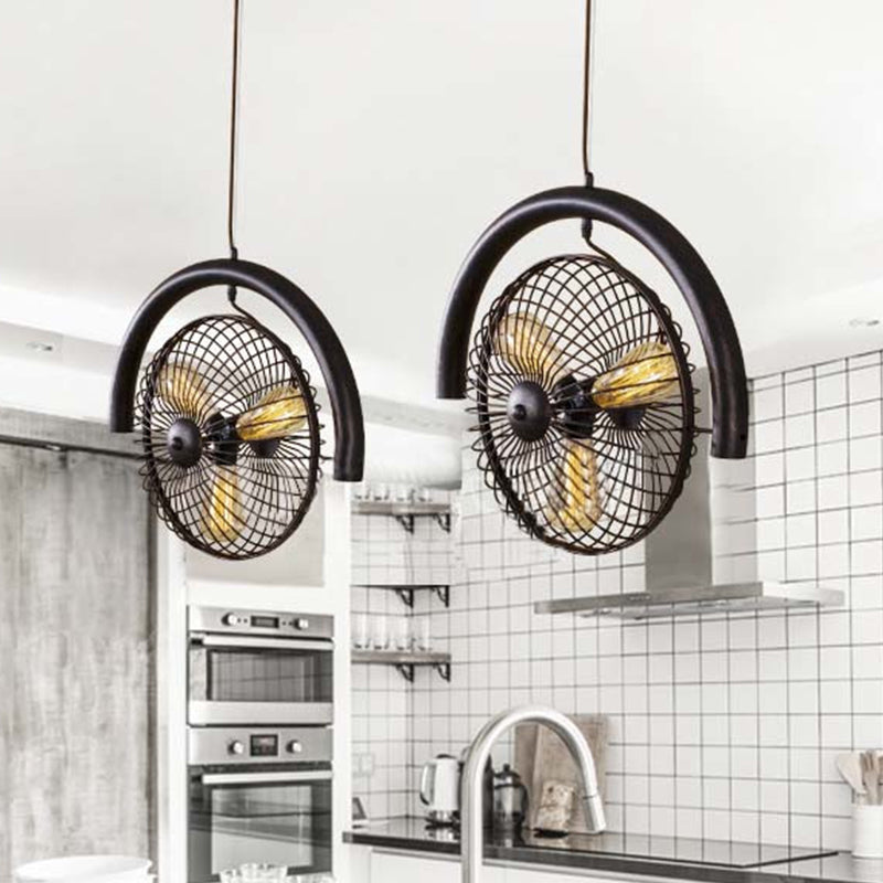 Farmhouse Kitchen Hanging Lamp With Brass/Black Finish - Circle Cage Metal Fixture 3 Lights & Fan