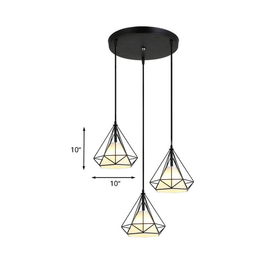 Industrial Black Pendant Light With Diamond Cage Shade - Hanging Ceiling Lamp For Dining Room 3