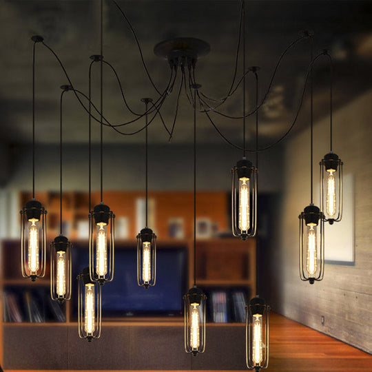 Vintage Swag Pendant Light With Adjustable 10-Head Metal Cage Shade - Black Hanging Lamp For Dining