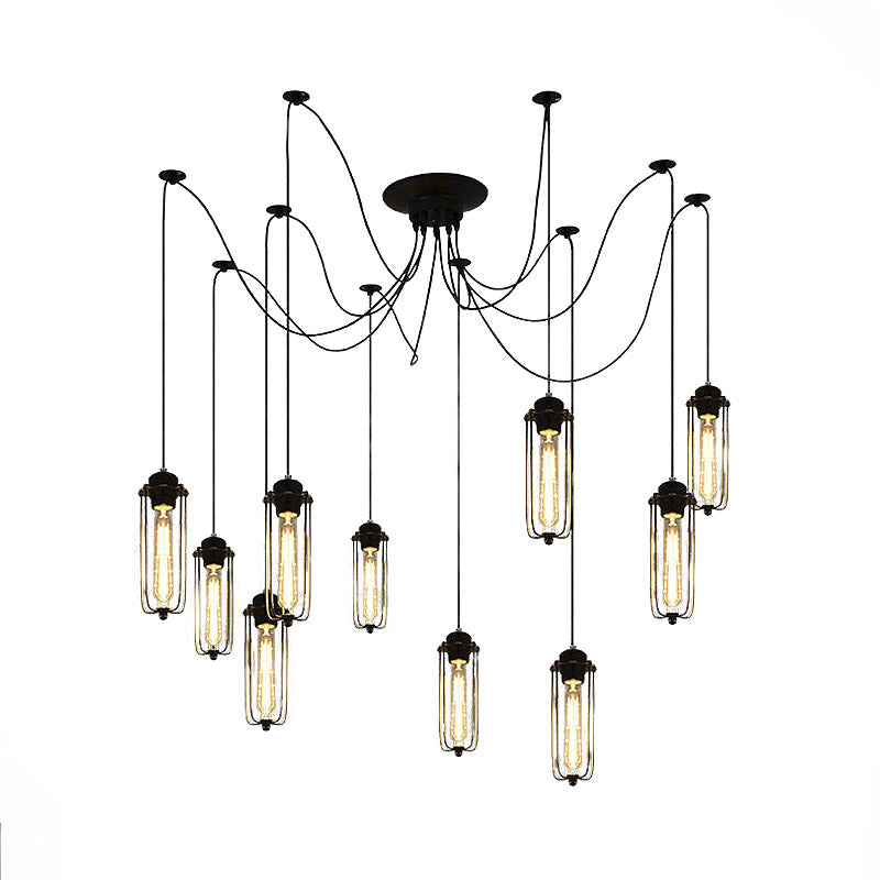 Vintage Swag Pendant Light With Adjustable 10-Head Metal Cage Shade - Black Hanging Lamp For Dining