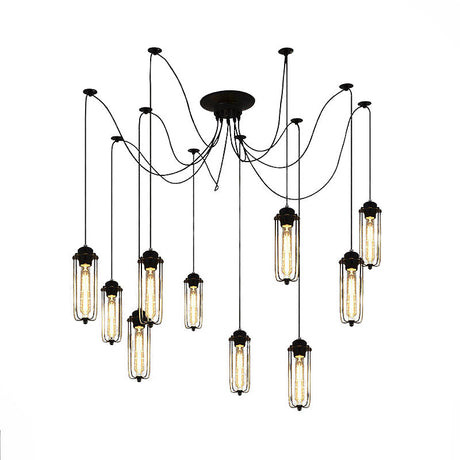 Vintage Swag Pendant Light: Adjustable 10-Head Metal Hanging Lamp With Cage Shade - Black Dining