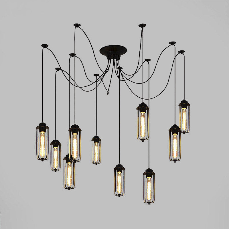 Vintage Swag Pendant Light: Adjustable 10-Head Metal Hanging Lamp With Cage Shade - Black Dining