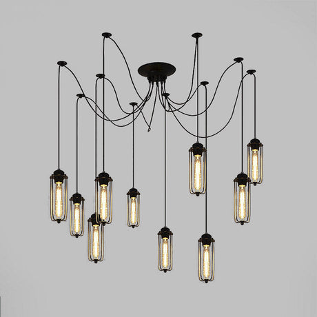 Vintage Swag Pendant Light: Adjustable 10-Head Metal Hanging Lamp With Cage Shade - Black Dining