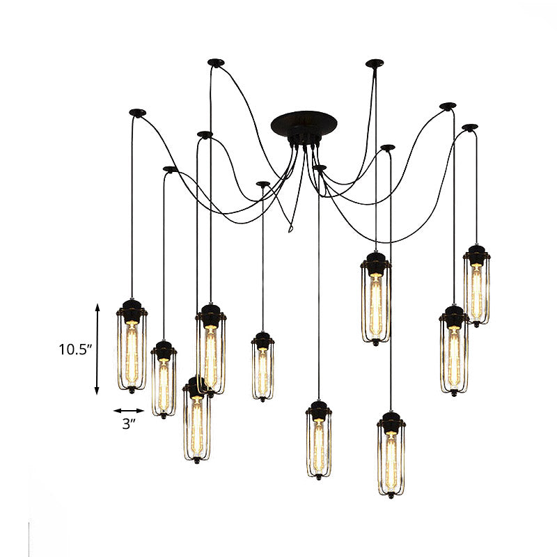 Vintage Swag Pendant Light: Adjustable 10-Head Metal Hanging Lamp With Cage Shade - Black Dining