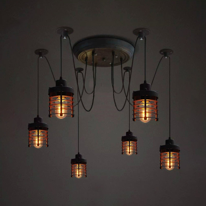 Farmhouse Style 6-Light Iron Ceiling Lighting Fixture With Black Cylinder Cage Shade For Bedroom