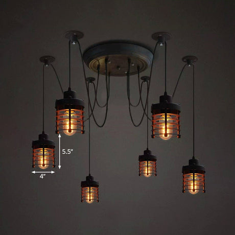 Farmhouse Style 6-Light Iron Ceiling Lighting Fixture With Black Cylinder Cage Shade For Bedroom