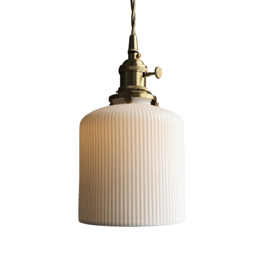 Dining Room Pendant Lamp: Ribbed Glass Cylinder Shape In Ivory - Modern 1 Light Hanging Kit