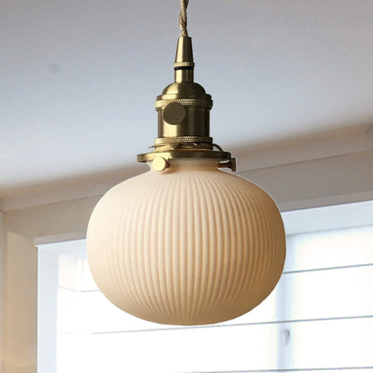 Dining Room Pendant Lamp: Ribbed Glass Cylinder Shape In Ivory - Modern 1 Light Hanging Kit