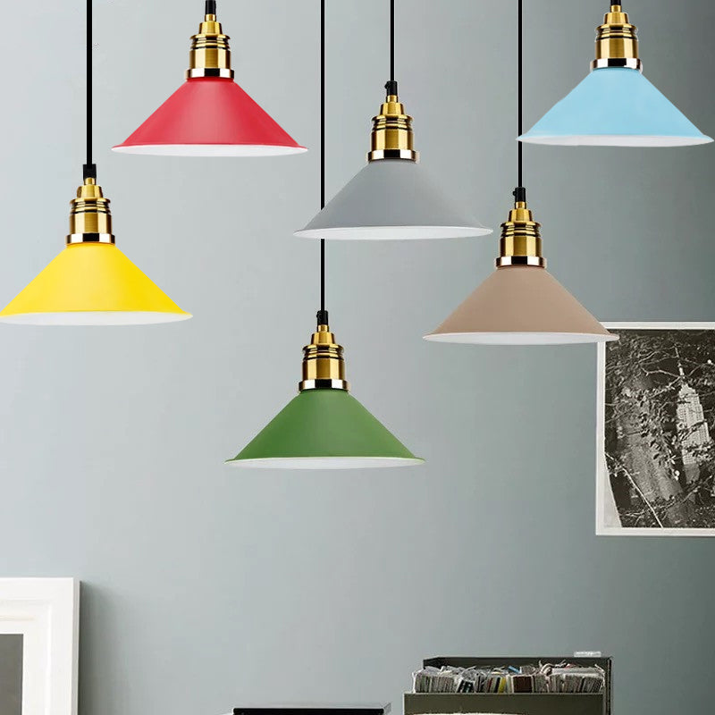 Contemporary Metal Pendant Light With Adjustable Cord - Yellow/Blue/Green Tapered Shade Ideal For