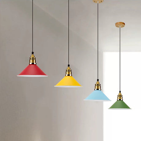 Contemporary Metal Hanging Pendant Light - Yellow/Blue/Green Tapered Shade Adjustable Cord 1 Bulb