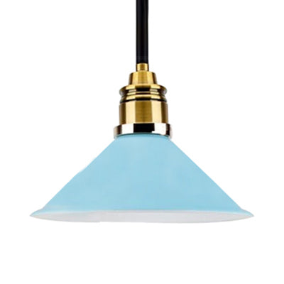 Contemporary Metal Hanging Pendant Light - Yellow/Blue/Green Tapered Shade Adjustable Cord 1 Bulb