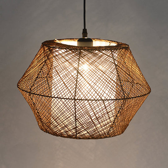 Handmade Asian Style Rattan Fiber Ceiling Pendant Light - Geometric Shade 1 Beige Suspended Lamp