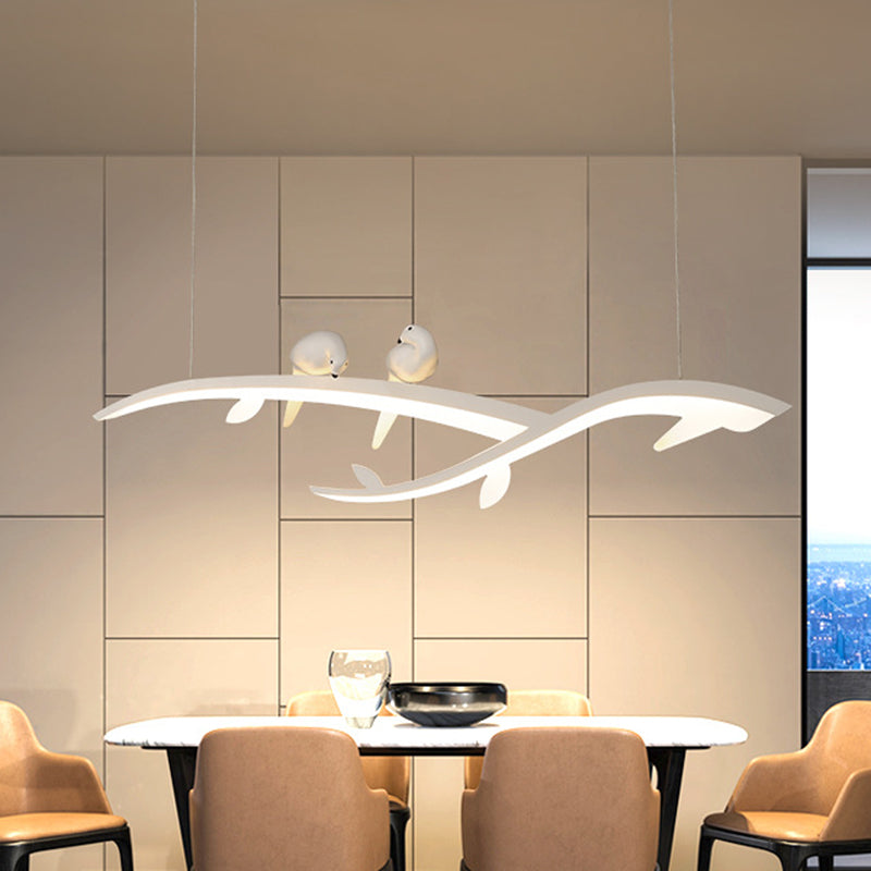 Modernist Led Acrylic Branch Suspension Light Pendant Ceiling Lamp With Bird Decor In White/Warm