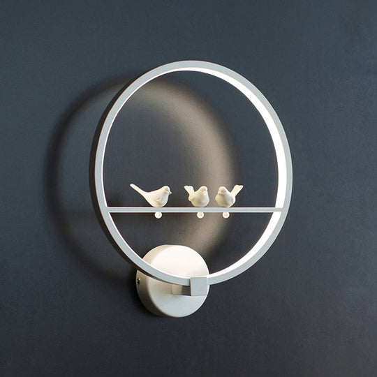 Modern Led White Circle Sconce Wall Mount Lamp With Birds Decor For Bedroom