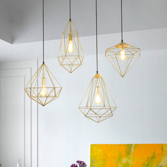 Modern Style Gold Metallic Prism Cage Pendant Light With Adjustable Cord - 1-Light Suspension Lamp