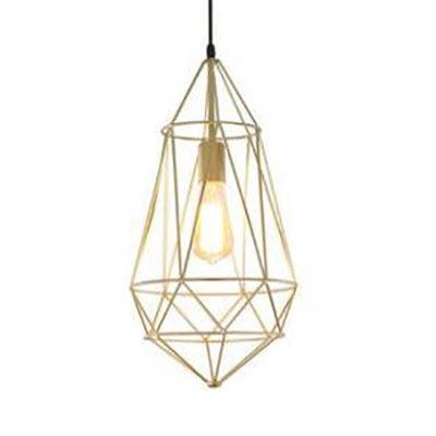 Modern Style Gold Metallic Prism Cage Pendant Light With Adjustable Cord - 1-Light Suspension Lamp