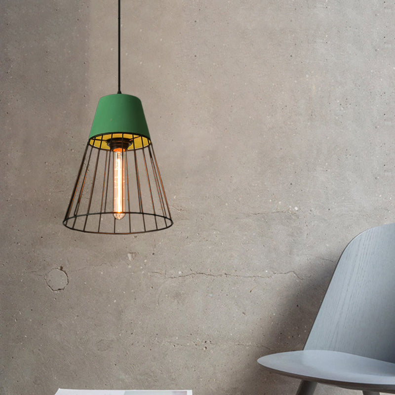 Industrial Loft Metallic Pendant Lighting - Gray/Red Tapered Design With Wire Guard Ideal For