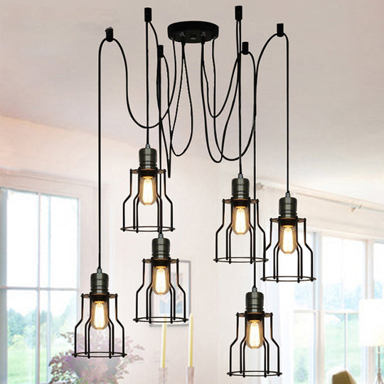 Vintage Metal Swag Pendant Lamp With Wire Guard - 6/10 Bulbs Stylish Black Ceiling Fixture For