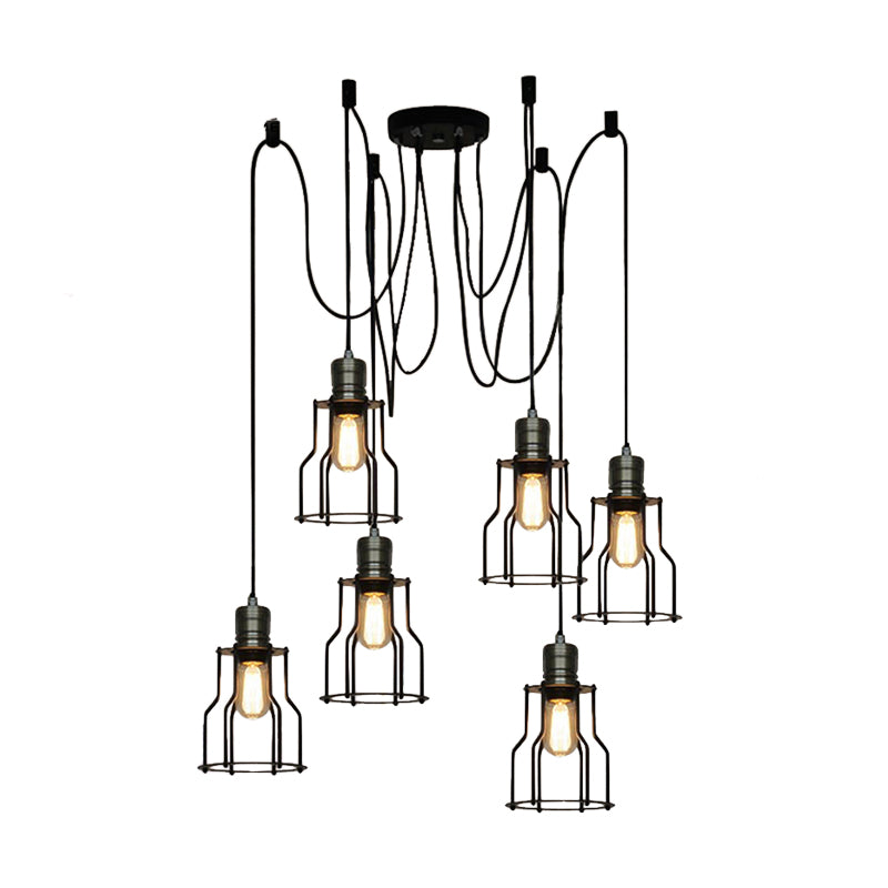 Vintage Metal Swag Pendant Lamp With Wire Guard - 6/10 Bulbs Stylish Black Ceiling Fixture For