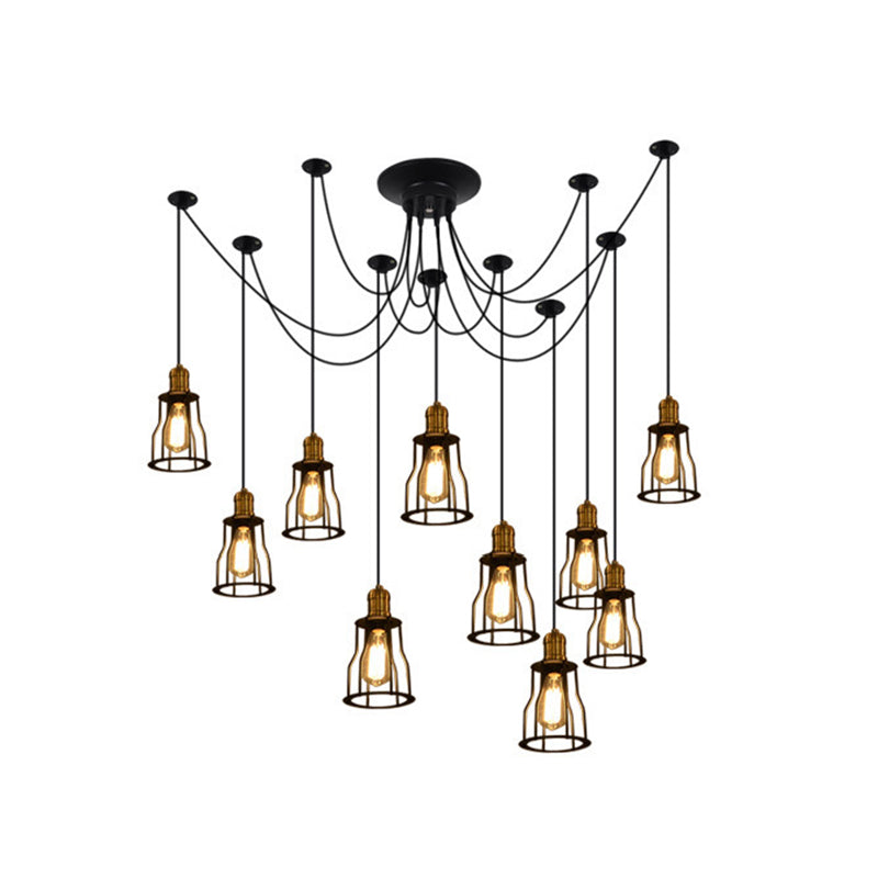 Vintage Metal Swag Pendant Lamp With Wire Guard - 6/10 Bulbs Stylish Black Ceiling Fixture For