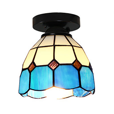 Dome Tiffany Style Stained Glass Ceiling Light With 1 - White/Blue/Clear For Corridor