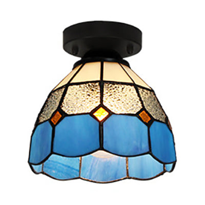 Dome Tiffany Style Stained Glass Ceiling Light With 1 - White/Blue/Clear For Corridor