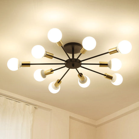 Industrial Metallic Semi Flush Light - Black Sputnik Design With 6/8 Exposed Bulbs Ceiling Mounted