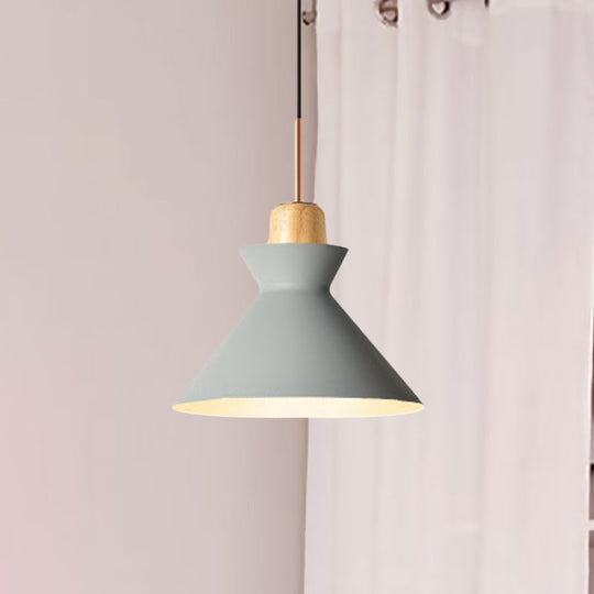 Stylish Nordic Conic Pendant Lamp - 1 Bulb Metal & Wood Lighting In Grey/White For Living Room Grey