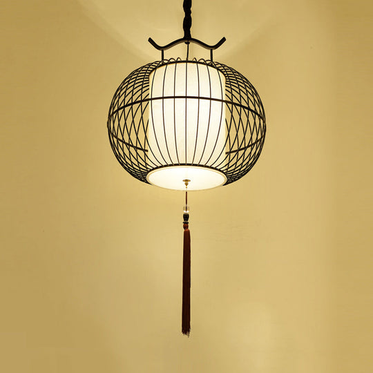 Chinese Style Hanging Pendant Light With Bamboo Shade - Black/Gold Lantern Ceiling Indoor Use