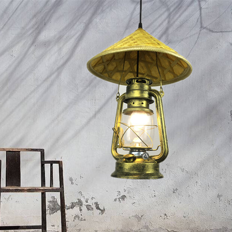 Lodge Style Rattan Hat Pendant Light With Metal Lantern Shade - Brass 12/18 W / 12