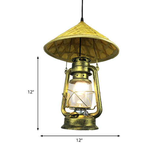 Lodge Style Rattan Pendant Light With Metal Lantern Shade - Brass 12’/18’ W
