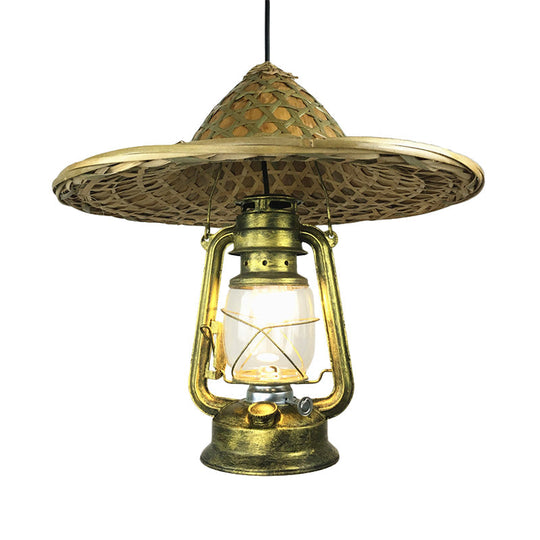 Lodge Style Rattan Pendant Light With Metal Lantern Shade - Brass 12’/18’ W