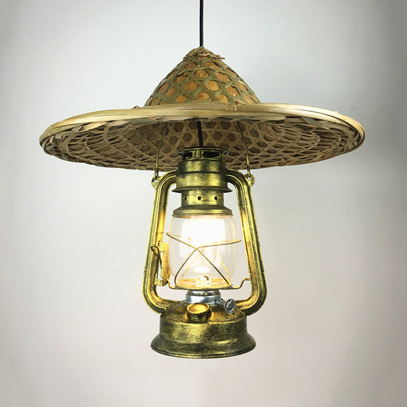 Lodge Style Rattan Pendant Light With Metal Lantern Shade - Brass 12’/18’ W