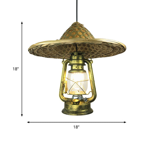 Lodge Style Rattan Pendant Light With Metal Lantern Shade - Brass 12’/18’ W