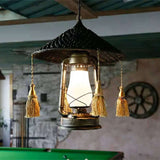 Frosted Glass Lantern Hanging Lamp - Lodge Style Ceiling Fixture For Balcony Black Finish With Hat