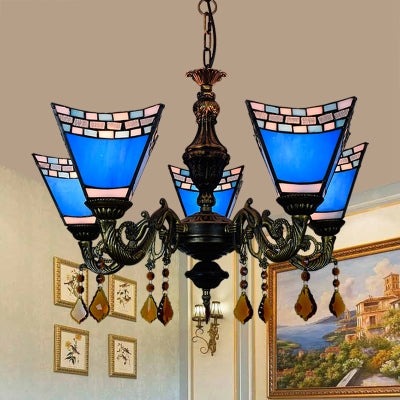 Lustre en vitrail géométrique rétro avec pendentifs en cristal - 5 ampoules en jaune/bleu pour chambre