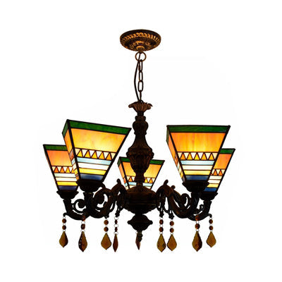 Lustre en vitrail géométrique rétro avec pendentifs en cristal - 5 ampoules en jaune/bleu pour chambre