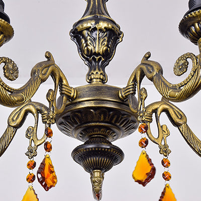 Lustre en vitrail géométrique rétro avec pendentifs en cristal - 5 ampoules en jaune/bleu pour chambre